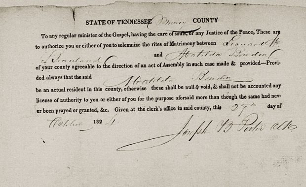 An old, ripped document used for genealogy with text indicating that it is a marriage license from the state a Tennessee