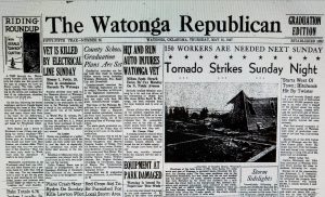 The front page of a 1947 newspaper, with an article about a tornado striking Sunday night and an image of a house that has been destroyed by the tornado