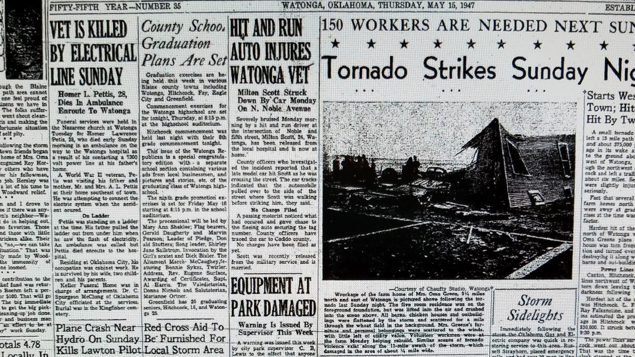 The front page of a 1947 newspaper, with an article about a tornado striking Sunday night and an image of a house that has been destroyed by the tornado