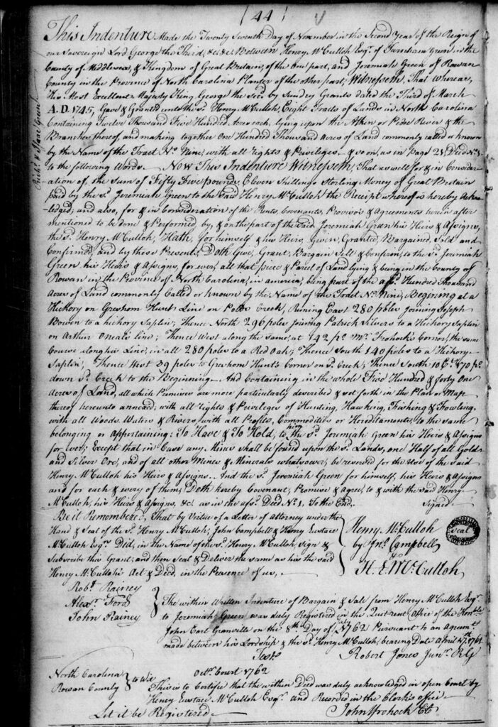 Figure 2: 1761 deed from Henry McCulloh to Jeremiah Green for 541 acres in Rowan County, North Carolina.