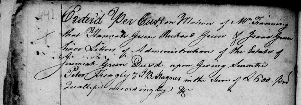 Figure 3: January of 1763 court record motioning Letters of Administration of the Estate of Jeremiah Green in Rowan County, North Carolina.