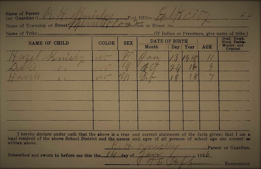 Between 1926-1930, school records indicate that John and his siblings were attending school in Elk City, Beckham County, Oklahoma (Oklahoma School Records, 1926, 1927, 1929, and 1930).  The image to the right shows the three Knisley children listed as attending school in Elk City, Oklahoma.  On the 1930 Census the family was living in Elk City, Beckham County, Oklahoma, and Ross Knisley was performing manual labor for the public works and Julia was also working (1930 Census).