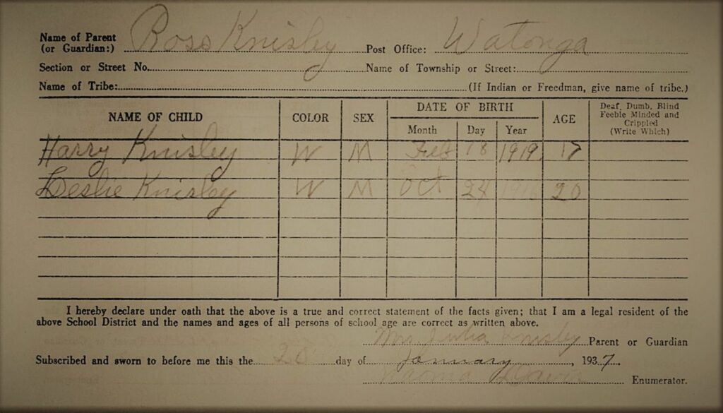 The family then moved to Watonga, Oklahoma around 1932 and John and his siblings are shown attending school in Watonga between 1932 to 1937 (Oklahoma School Records, 1932, 1934, 1935, 1946 and 1937).  As a young man John went by “Leslie” (Oklahoma School Records, 1940 Census).