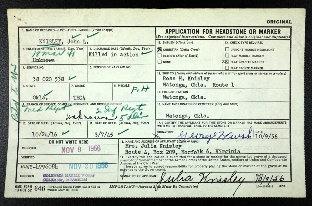 Several years later, families of fallen soldiers were given the option of bring back the bodies of those that died in the war theater (US Army, IDPF).  Ross Knisley requested that John’s remains be brought back to the US in the fall of 1948. 