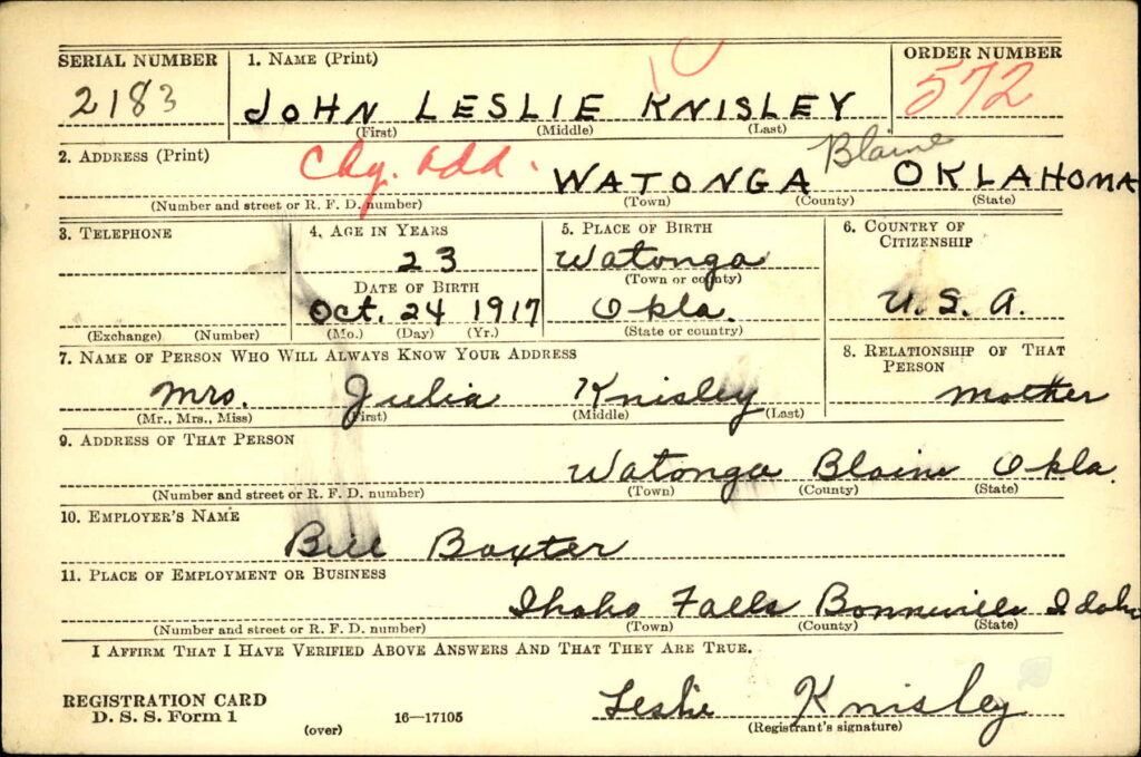 John Leslie completed the “young men draft card” for WWII in 1941 (WWII Draft Cards Young Men).  He must have had rambling feet because his draft card shows he was working in Idaho Falls, Idaho when he submitted the information for the draft.  John was a tall, skinny kid, standing 6 foot 2 inches.  Most of the Knisley men were tall and thin.
